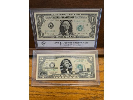 1963B $1. FRN NEW YORK. NY PCS UNC AND 2003A CT. STATEHOOD $2. NOTE