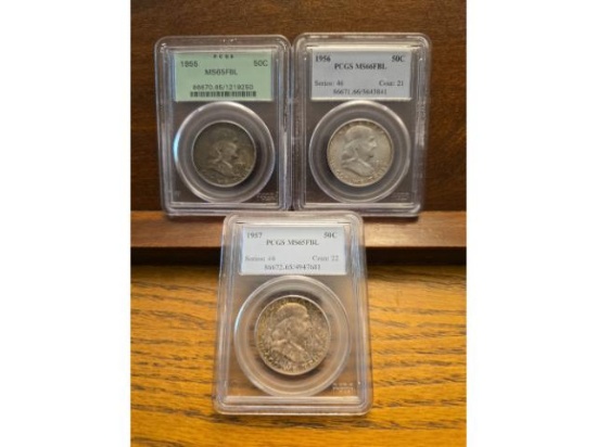 1955. 1956, 1957 FRANKLIN HALVES ALL PCGS MS65FBL AND MS66FBL