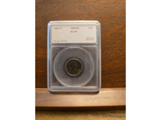 1931S LINCOLN CENT IN SEGS AU58 BROWN HOLDER