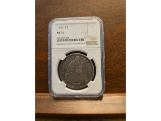 1843 SEATED DOLLAR NGC VF30