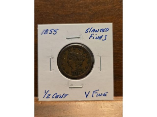 1855 SLANTED 5'S HALF CENT VF
