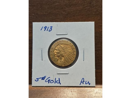 1913 $5. INDIAN HEAD GOLD PIECE AU