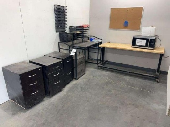 Table w/ casters, desk, filing cabinets, microwave, misc office supplies