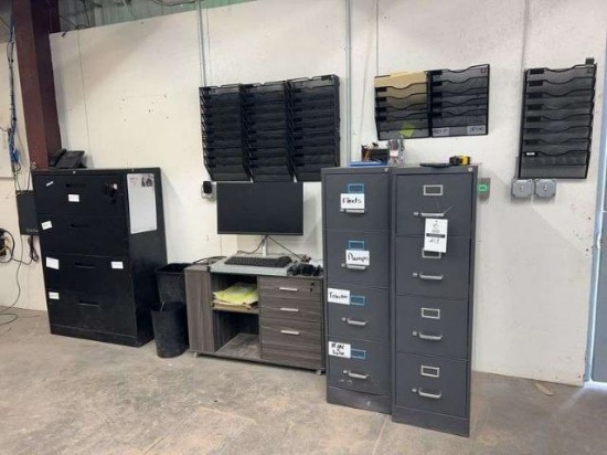 File cabinets, monitor, desk, organizers, misc