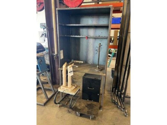 Metal work cabinet, file cabinet, dollies, misc