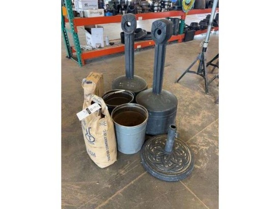(2) outdoor ashtrays, umbrella stand, (2) bags soda ash