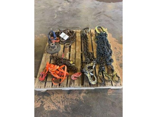 Double hook chain, (3) chain slings, binder, misc