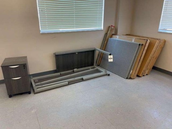 Privacy work station panels, unassembled desk, file cabinet