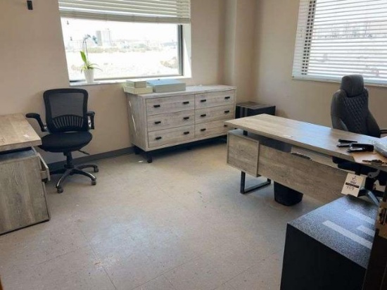 Contents of office #2- desk, chairs, cabinets, metal stands, monitors, misc office supplies
