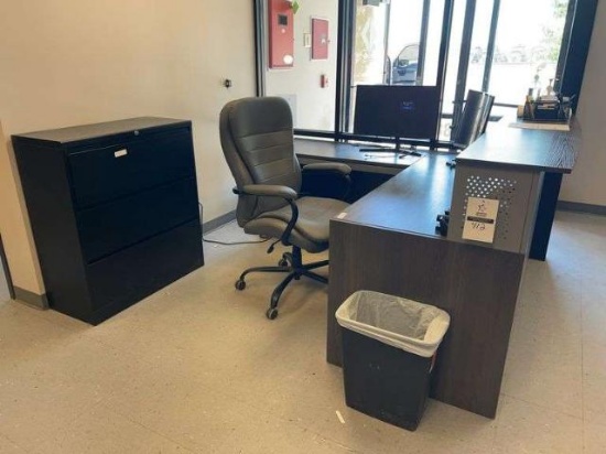 Office desk, chair, file cabinet, monitors