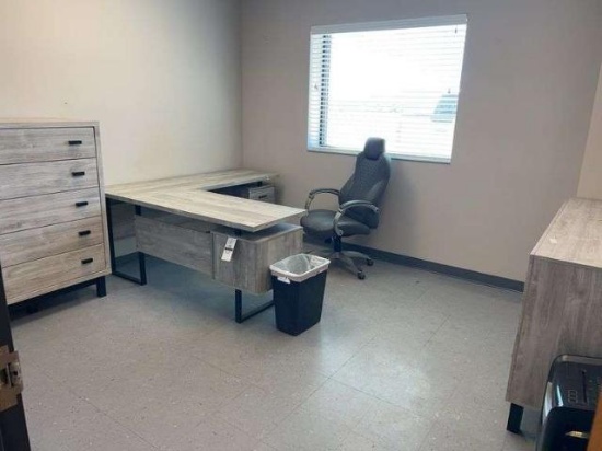 Contents of office #3- desk, cabinets, chair, paper shredder, white board