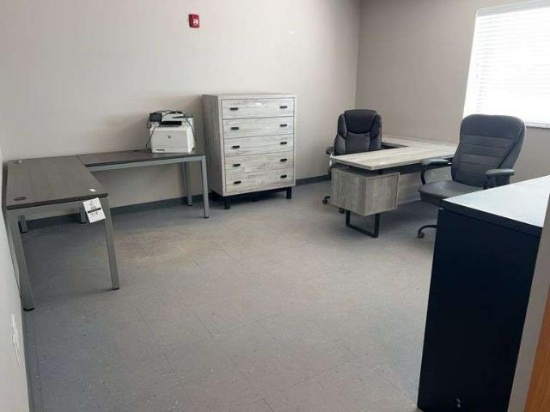 Contents of office #6- (2) desks, (2) file cabinets, cabinet, chairs, printer