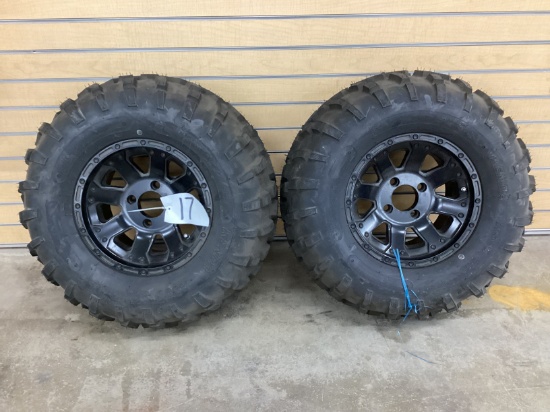 (2) 25X11-12 KENDA K590 TIRES ON BLACK ALUMINUM WHEELS