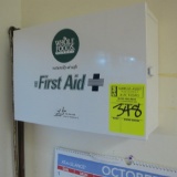 first aid kit & 2) plastic trash cans