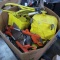 crate of mop buckets, 18v weed whips, step stool, etc