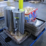 pallet of misc: sheet pans, hot drink dispensers, bear suit