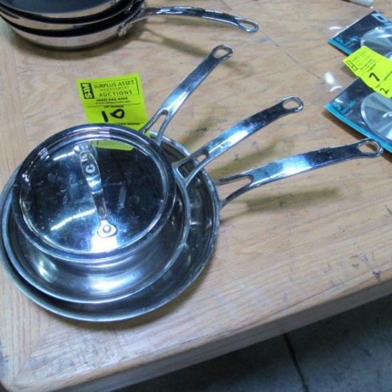 set of 2) stainless frying pans & 1) saucepan