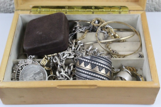 Wooden Jewelry Box W/ Assorted Jewelry