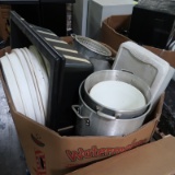 crate of misc: stock pots, meat horn, plastic ice holders w/ drains