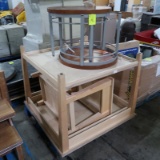 pallet of wooden tables & round steel tables w/ wood tops
