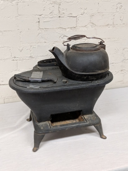 Vintage Potbelly Stove with Cast Iron Kettle