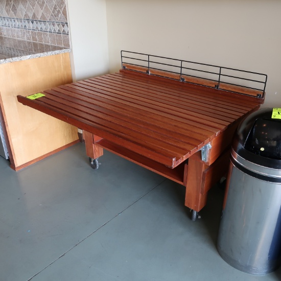 merchandising table w/ fold-up shelf, on casters