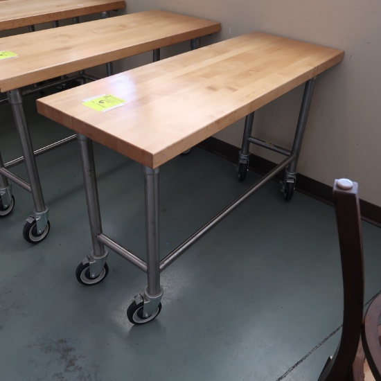 maple top table w/ stainless base, on casters