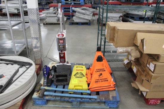 Pallet Of Misc Items. Wet Floor Signs, Assorted Vacuums, Wheel Chalks, Sledgehammers