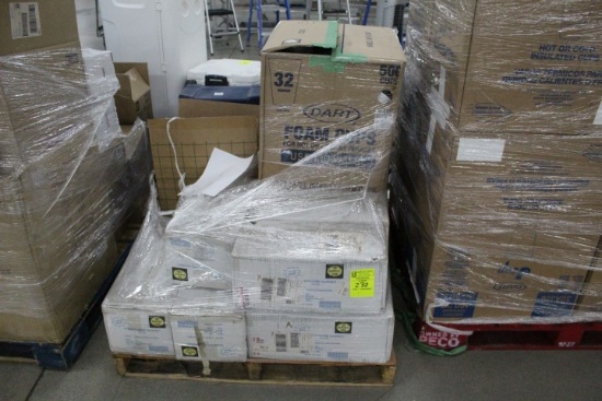 Pallet Of Food Service Items. Hairnets, Foam Cups, More