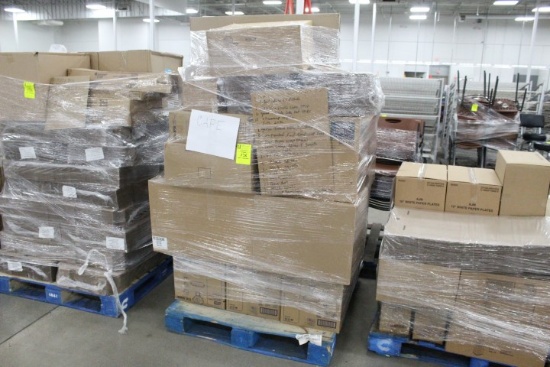 Pallet Of Food Service Items. Disposable Silverware, Pie Bases, Plastic Cups, Lids,  Bowls, More