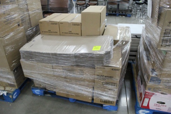 Pallet Of Food Service Items. Paper Plates, Pizza Boxes