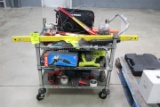 Stainless Cart And Assorted Tools. Husky Toolbar, Assorted Hand Tools, Flashlights, Ryobi  Auger, Mo