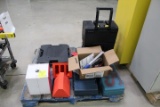 Pallet Of Tools. Wheel Chalks, Twine, Bosch Drill, Makita Saw, Socket Set, Toolbox, More