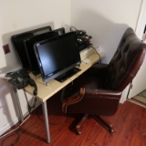 contents of IT room: computer monitors & hard drives, P-Touch, desks & chairs,