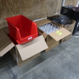 misc boxes of plastic bins, bottle glides, security containers