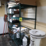 contents of janitorial room: 2) wire shelving units, cleaning supplies