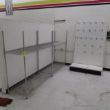 contents of cubicle: 2) wire shelving units, Lozier wall shelving section