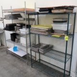 wire shelving units, w/ contents- stainless pans, sheet pans, plastic pans