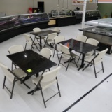 3) solid surface cafe tables w/ 13) folding chairs