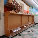 wooden bulk merchandising bins w/ pegboard back, 3) sections, includes wagon decor