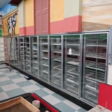 11) glass doors & door shelving for walk-in, plus cooler door & refer coils