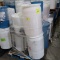 pallet of 8) plastic barrels & 1) stainless table on casters