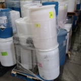 pallet of 8) plastic barrels & 1) stainless table on casters