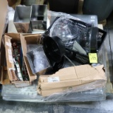 pallet of NEW items: sample containers, Rubbermaid plastic tubs,
