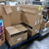 pallet of NEW items: boxes of NEW Lobby dustpans, NEW mop buckets