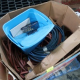 container of misc: hoses, plastic tub, roll of plastic