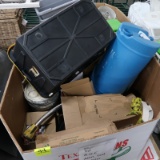 container of swing top waste receptacles, glue traps, bug light,
