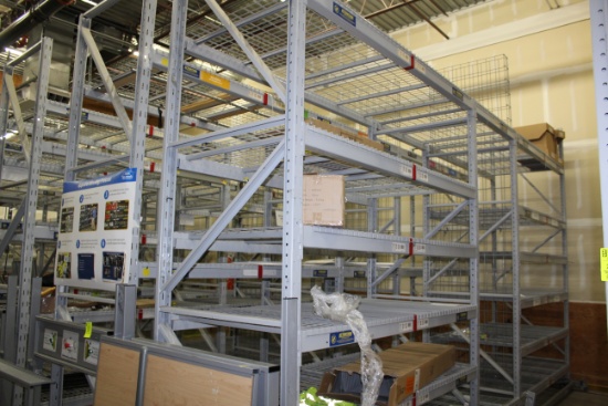 Pallet rack on Track. 3 rows on motorized track. 44"x12' uprights, 45" and 93" beams.