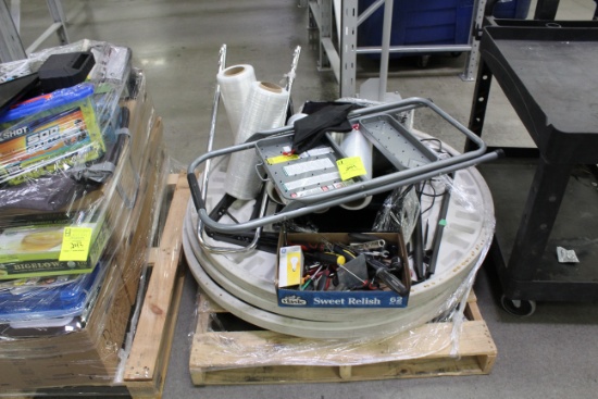 Misc Items. Assorted hand tools, step stool, shrink wrap, round folding tables, Vizio TV