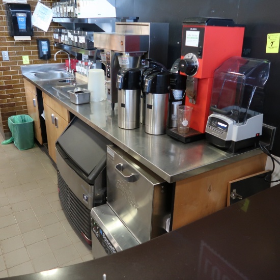 coffee back bar w/ stainless top, 2) sinks & cabinets under